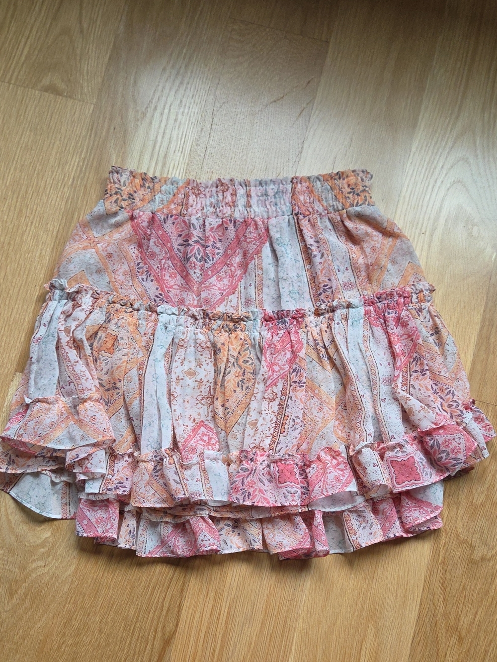 MISA Los Angeles Paisley Ruffle Mini Skirt in Pink & Orange XS